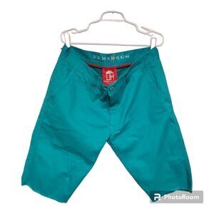 Denim house shorts mens size 38 blue green aqua slim fit raw frayed hem casual